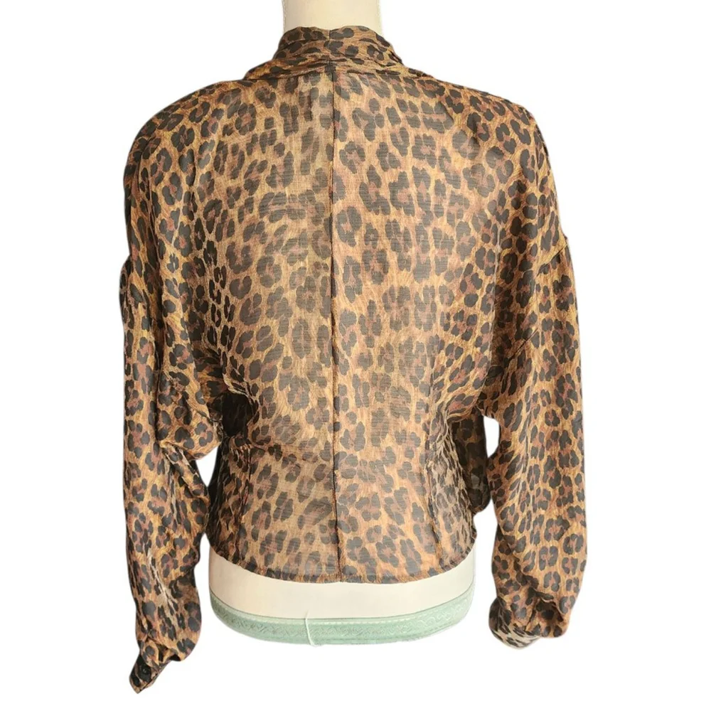 Vintage 80s Portara Leopard Print Sheer Wrap Blouse Size S 38 German Designer